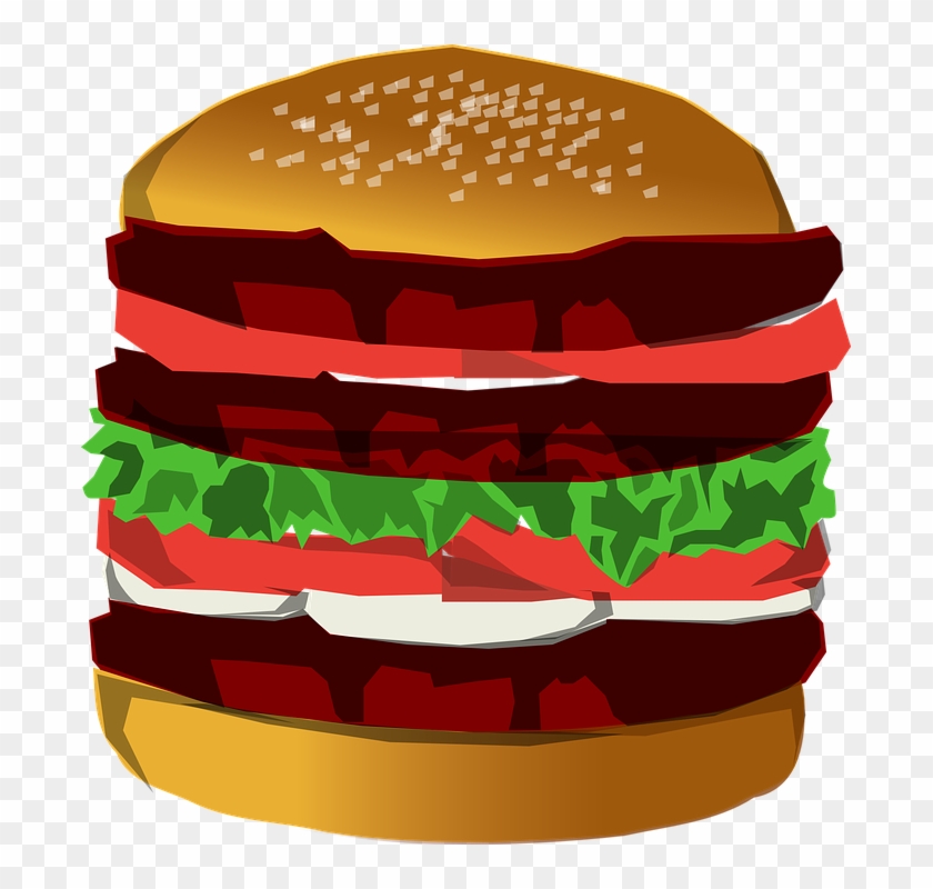 Stylized cartoon double-decker hamburger with sesame seed bun, beef patties, lettuce, tomato, and sauce layers.