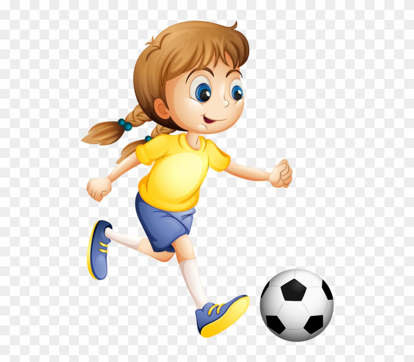 Young girl with braided hair in yellow shirt and blue shorts kicking a soccer ball.