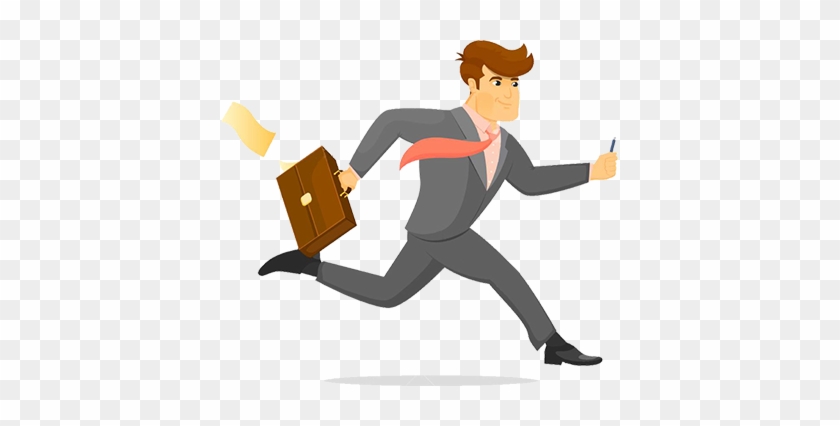 Businessman in gray suit running with briefcase and pen, papers flying, conveying urgency and professionalism.