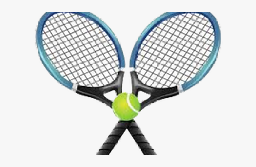 Two blue tennis rackets crossed with a yellow-green tennis ball nestled between them.