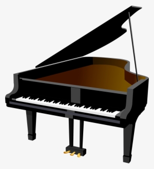 Black grand piano with open lid, polished finish, and visible keyboard and pedals.