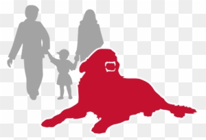Silhouette of a family-father, mother, and child-walking beside a large red dog, symbolizing companionship and pet adoption.