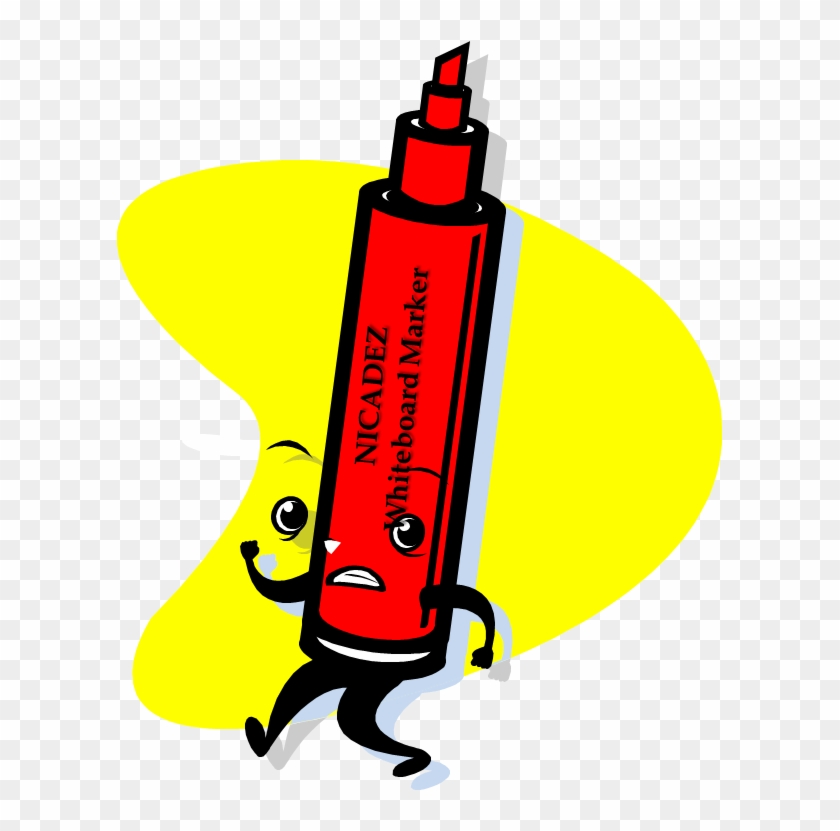 Animated red NICADEZ whiteboard marker with arms, legs, and face, running against a yellow splash background.