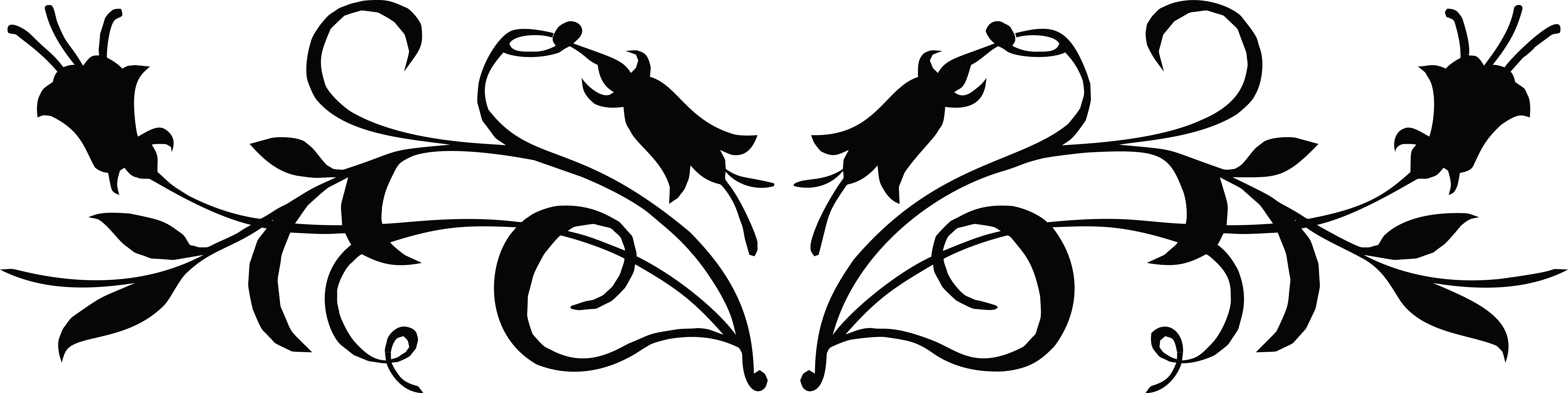 Black silhouette of two stylized roses with swirling vines and leaves on white background, symmetrical design.