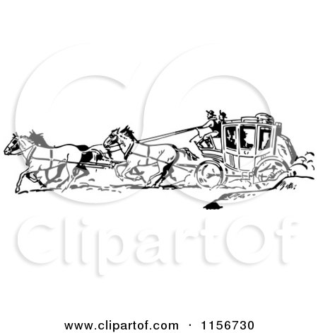 Black-and-white vintage illustration of a horse-drawn stagecoach racing across terrain with driver and passengers.