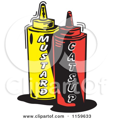 Yellow mustard and red ketchup squeeze bottles with bold vertical labels, cartoon-style illustration.