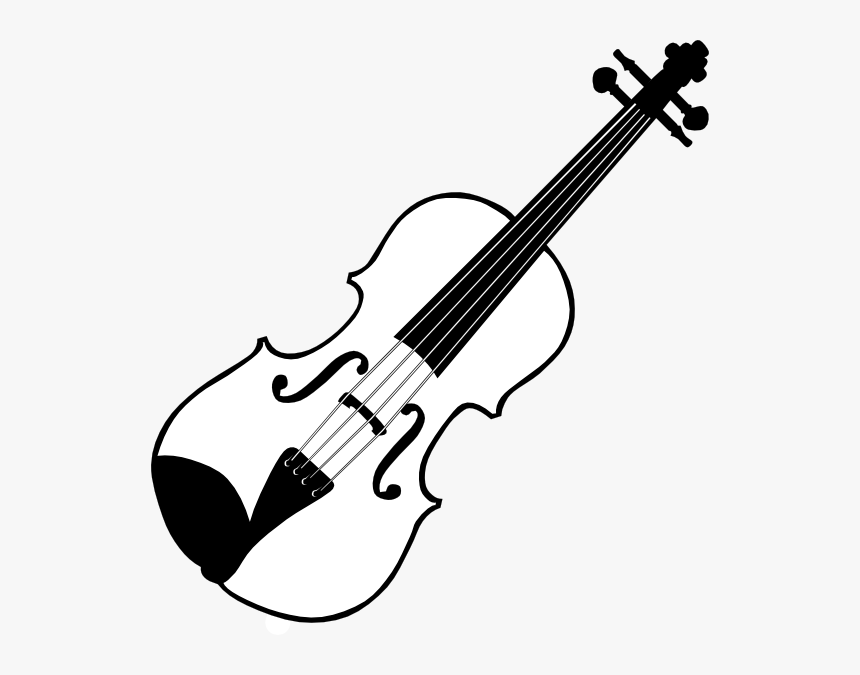 Black-and-white silhouette of a violin with four strings, f-holes, and scroll head, angled diagonally on white background.