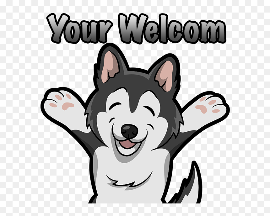 Cheerful cartoon husky with raised paws and text "Your Welcom" above, on transparent background.