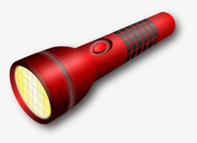 Red LED flashlight with illuminated head, textured grip, and power button on white background.