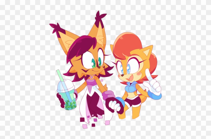 Two animated anthropomorphic foxes-one with purple hair holding boba tea, the other with orange hair gesturing cheerfully.