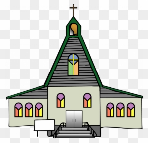 Colorful cartoon-style church with steeple, cross, stained-glass windows, and front steps.
