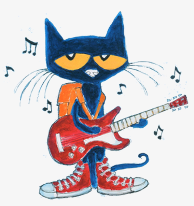 Blue cartoon cat playing red electric guitar with musical notes around.