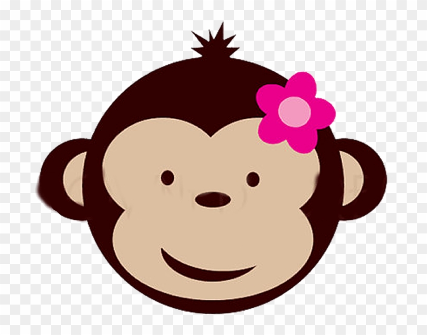 Cute cartoon monkey face with a pink flower on its head, smiling warmly.