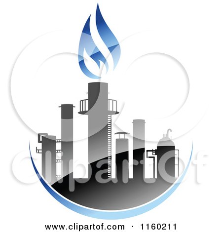 Industrial plant silhouette with blue flame above, symbolizing energy production or gas processing.