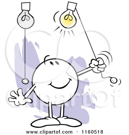 Smiling cartoon character flipping a switch to light up a bulb, symbolizing idea generation or innovation.