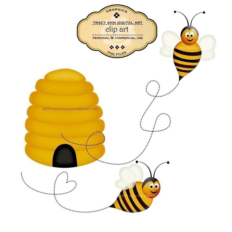 Cheerful cartoon bees flying near a yellow beehive with dotted flight paths, by Tracy Ann Digital Art.