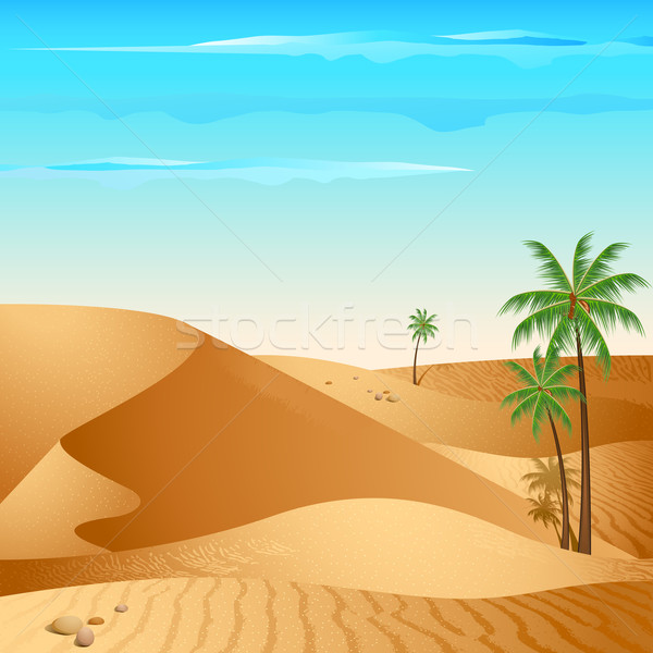 Serene desert landscape with golden sand dunes, palm trees, and a clear blue sky.