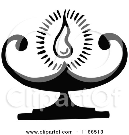 Black-and-white stylized oil lamp with flame and decorative swirls, symbolizing light, spirituality, or tradition.