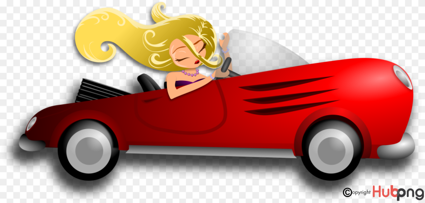 Cartoon blonde woman driving a red convertible sports car with wind-swept hair and joyful expression.