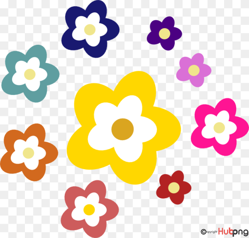 Colorful flat-style flowers arranged around a large yellow central bloom on transparent background.