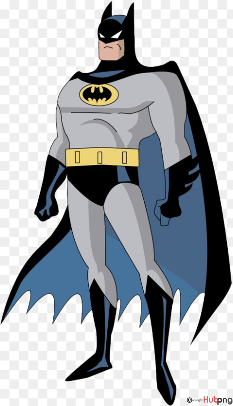 Animated Batman in classic gray and blue suit with yellow utility belt and bat emblem.