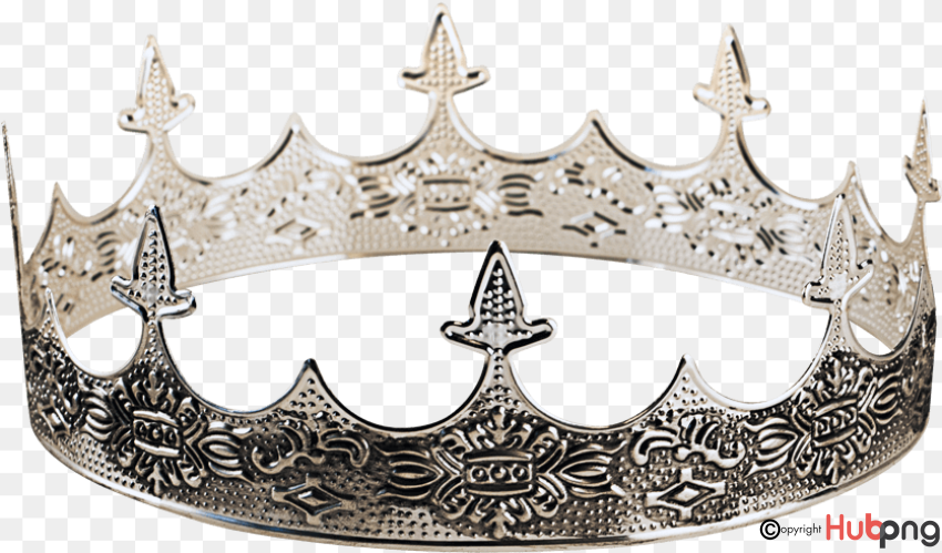 Ornate silver royal crown with pointed spires and intricate filigree detailing on a transparent background.