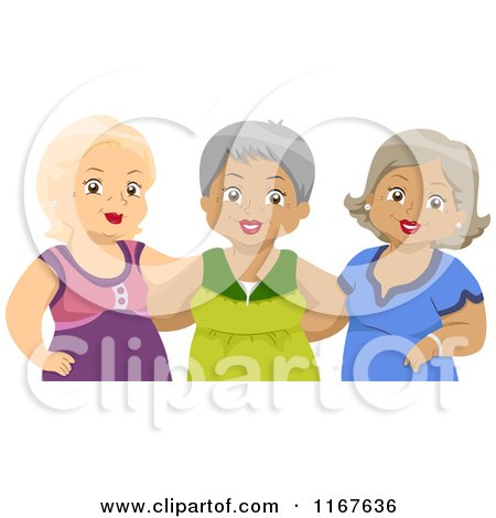 Three smiling senior women with arms around each other, wearing colorful tops and standing against a white background.