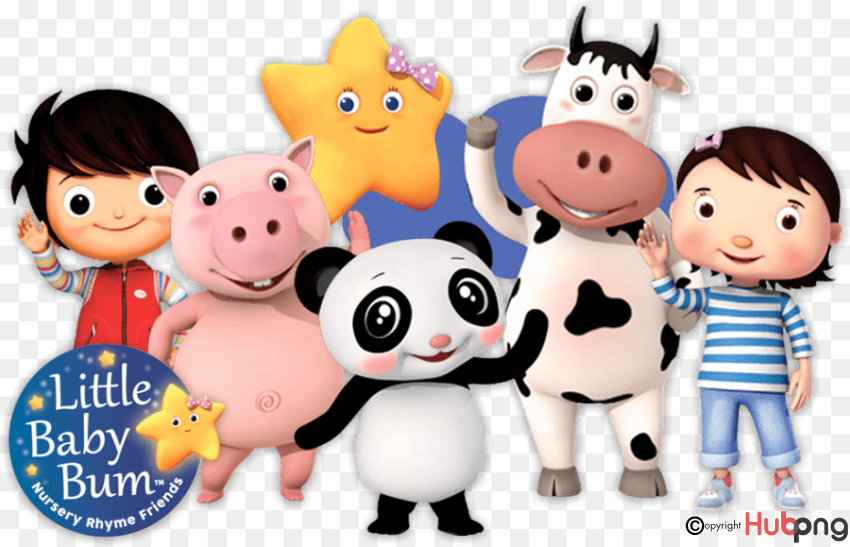 Little Baby Bum characters: two children, panda, pig, cow, and smiling star mascot waving together.