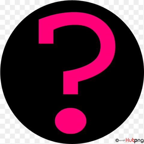 A bold pink question mark centered on a black circular background with transparent checkerboard edges.