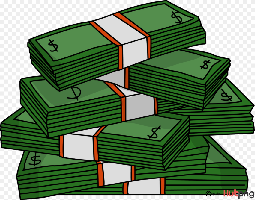 Stack of green cartoon money bundles tied with orange and white bands, symbolizing wealth or cash savings.