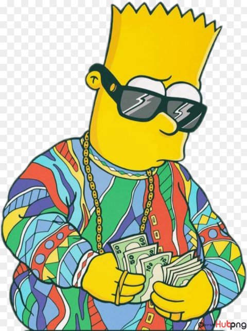 Bart Simpson in hip-hop style with sunglasses, colorful outfit, gold chain, and stacks of cash.