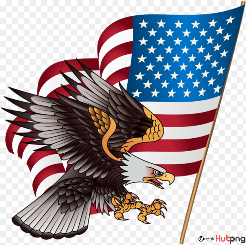 Bald eagle with outstretched wings flying in front of a waving American flag.