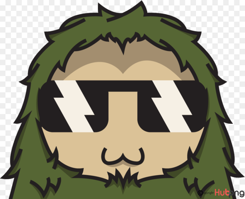 Cartoon sloth wearing sunglasses and green foliage hood, stylized with bold outlines and flat colors.