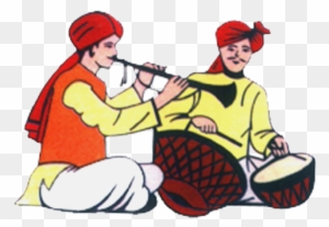 Two Indian musicians in traditional attire playing flute and dholak drum while seated cross-legged.