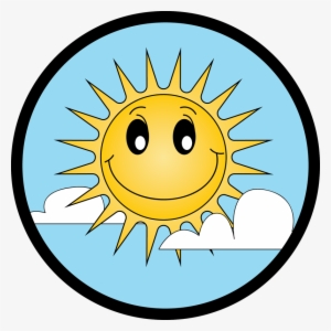 Cheerful yellow sun with smiling face, rays, and clouds in a blue sky inside a black circular border.