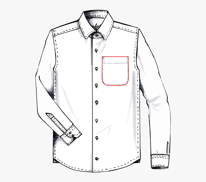 White long-sleeve button-up shirt with chest pocket, contrast stitching, and rolled cuff detail.