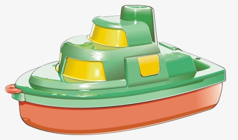 Green and orange plastic toy boat with yellow windows and a smokestack, designed for bath or pool play.