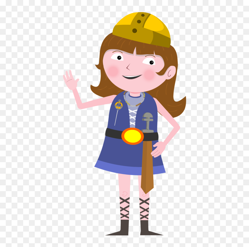 Cartoon girl in Viking-style outfit waving, wearing yellow helmet, blue tunic, and sword at hip.