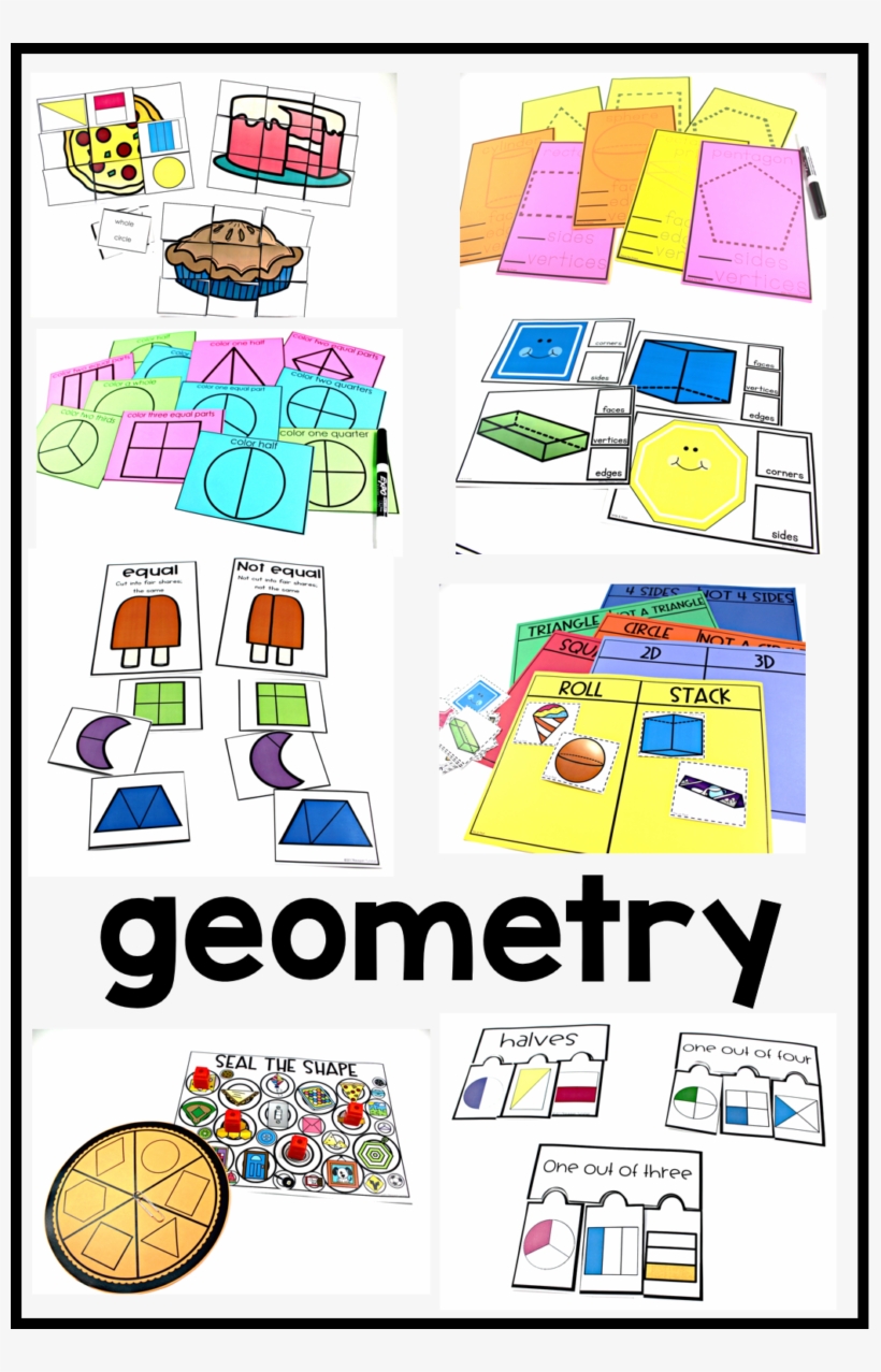 Collection of colorful geometry learning activities for kids, including shape puzzles, fractions, 2D/3D identification, and sorting games.