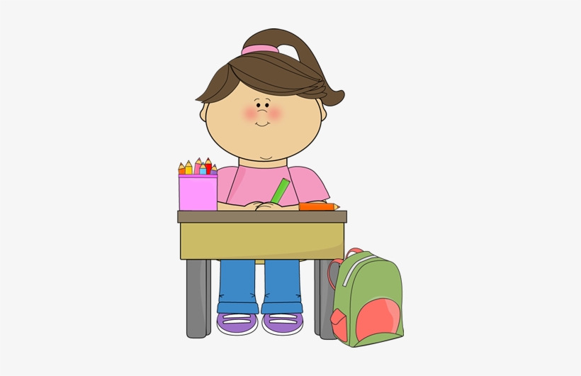 A smiling girl with brown hair sits at a desk writing, with colored pencils and a green backpack nearby.