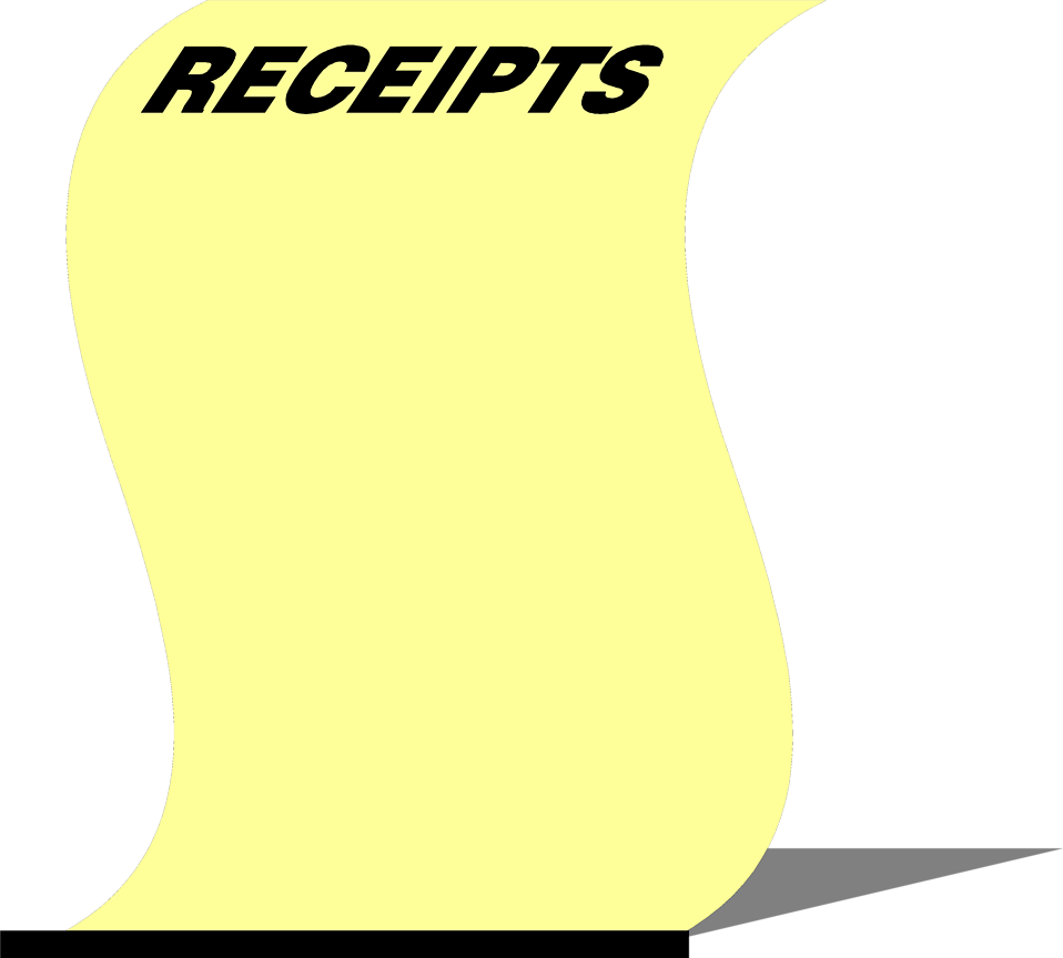 Yellow receipt roll with bold black "RECEIPTS" text on top, stylized as a continuous paper strip.