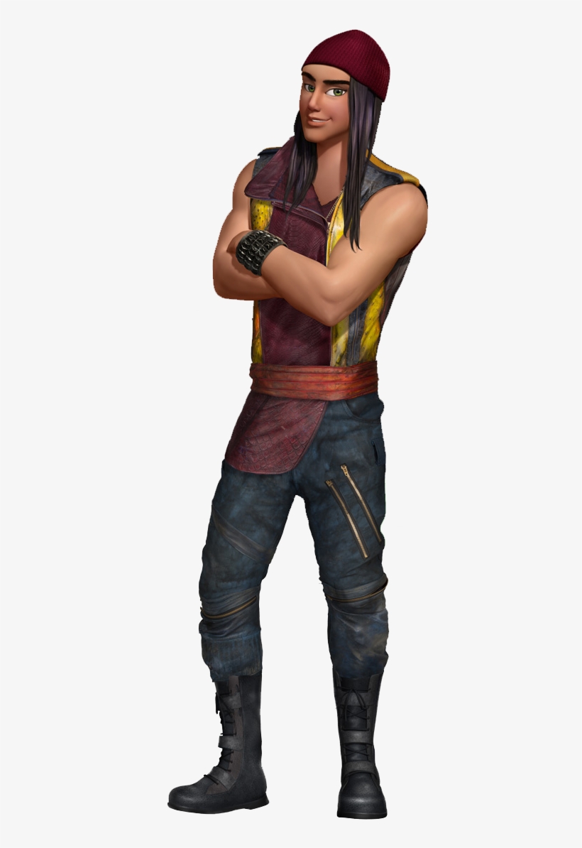 Animated male character with long dark hair, red beanie, sleeveless vest, and combat boots, arms crossed confidently.