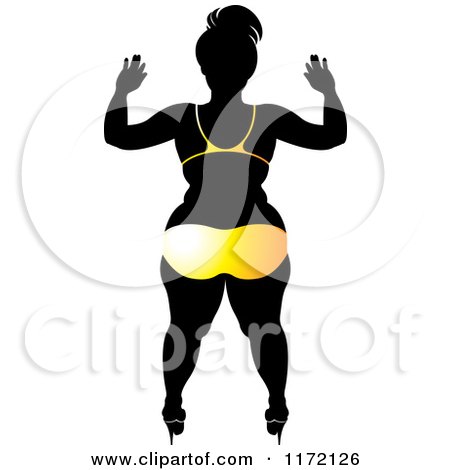 Silhouette of a curvy woman in yellow lingerie and high heels, hands raised, back view.