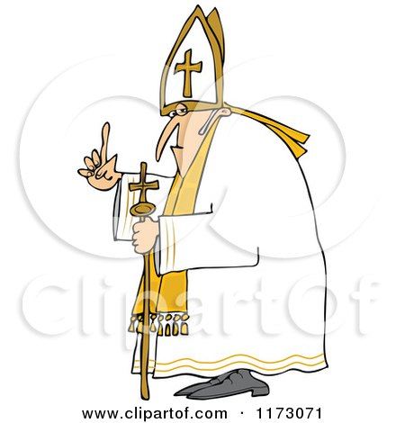Cartoon bishop in white and gold vestments holding a staff with a cross, pointing upward with right hand.