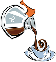 A stylized illustration of coffee being poured from a glass carafe into a white cup and saucer, with swirling steam or aroma depicted.