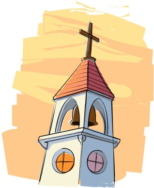 Stylized illustration of a church bell tower with cross, arched bells, and colorful circular windows against warm background.