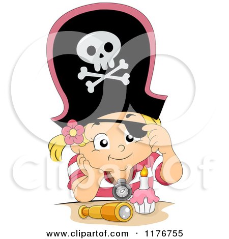 Cheerful cartoon girl pirate with skull-and-crossbones hat, eyepatch, and treasure map tools.