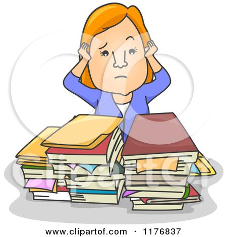 Stressed woman covering ears with hands, overwhelmed by stacks of books and papers on desk.