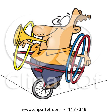 Cartoon man in wheelchair playing trumpet while balancing on a tightrope with hula hoops.