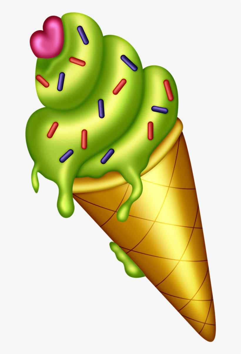 Green ice cream cone with colorful sprinkles, pink heart topping, and dripping swirls in a waffle cone.